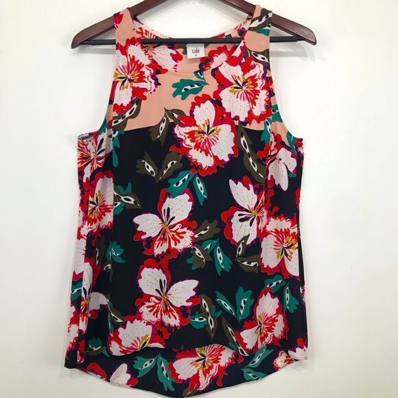 Cabi Black Red Colorful Hibiscus Floral Print Lightweight Sleeveless Tank Blouse - Picture 6 of 16